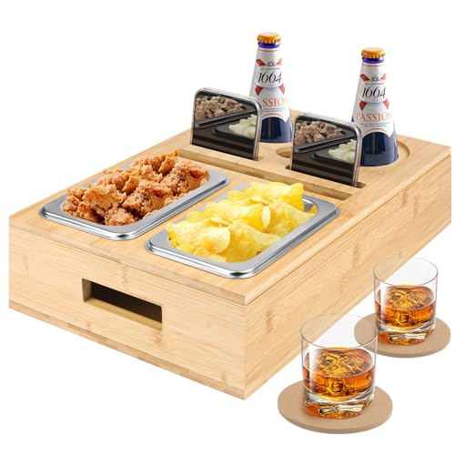 Couchbar, Couchbar Snackbox mit Snackschalen aus Edelstahl und Zwei Untersetzern, Sofa Butler, Couch Butler, Sofa Tablett, Couch Organizer, Couch Tablett Holz, Sofaorganizer