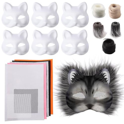 6 Stück Katzenmaske mit Augen Mesh Pelz Bart, Tier Katze Maske DIY Set Katzenmasken zu malen Filz, Maske Kunsthandwerk Kit, DIY Blank Gesicht Maske Kostüm für Maskerade, Schminke Karneval