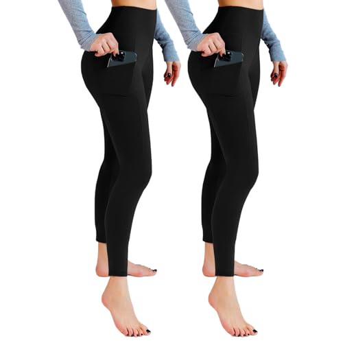 Leafigure 2er Pack Sport Leggings Damen High Waist Sporthose Damen Mit Taschen Gym Leggings Blickdicht für Sport Yoga Schwarze LXL