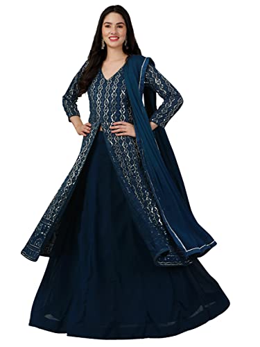 TRENDMALLS Damen Georgette Anarkali Front Slit Kurta Lehenga Anzug Set, Blaugrün, Blau, Small