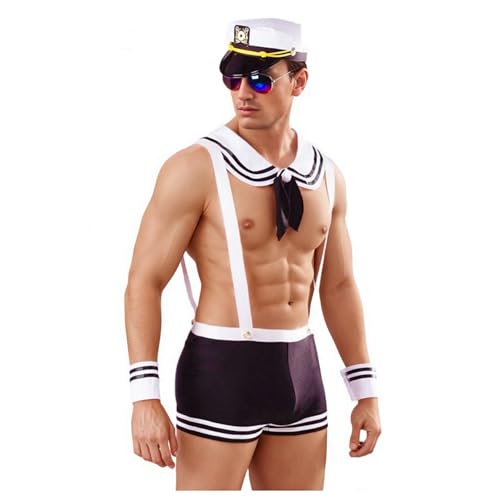 PIIKNUO Matrosen Kostüm Cosplay Polizei Kostüm Herren, Stripper Set Uniform Polizei Hut Latzhose Vierteilig Fasching Modische Sexy Weiß Einheitsgröße
