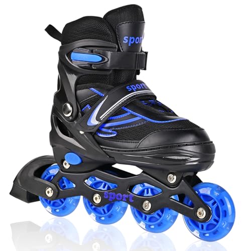 LOKJIJI Einstellbare Inline-Skates für Kinder Mädchen Jungen Kinder Anfänger, Inline Skates für Kinder und Jugendliche für drinnen draußen Sport Schwarz & Blau (Medium)