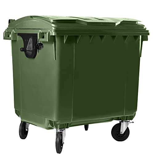 Bauer Müllcontainer mit 4 Rädern mit Flachdeckel, Müllgroßbehälter, Abfalltonne, Mülltonne, Volumen: 1 100 Liter, Farbe: Grün, Größe: 1 344 x 1 370 x 1 070 mm
