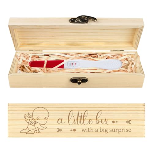 CHGCRAFT Schwangerschaft Test Keepsake Box Engel Flügel Baby Wrap hölzerne Schwangerschaft Ankündigung Geschenke Box mit Raffia Band und Schloss Ankündigung Geschenke für Papa Ehemann, 8x2x1.2 Zoll