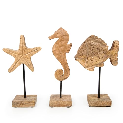 Logbuch-Verlag Maritime Deko Set Seepferdchen + Fisch + Seestern Figur aus Holz braun Natur Meer Strand Badezimmerdeko 20 cm