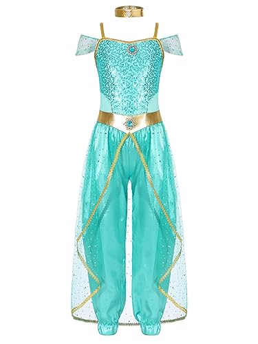 Aiihoo Mädchen Jasmin Prinzessin Kostüm Aladin Prinzessin Kleid mit Pailletten Arabische Indische Bauchtanz Kostüm Weihnachten Fasching Geburtstagsfeier Hellgrün 158-164