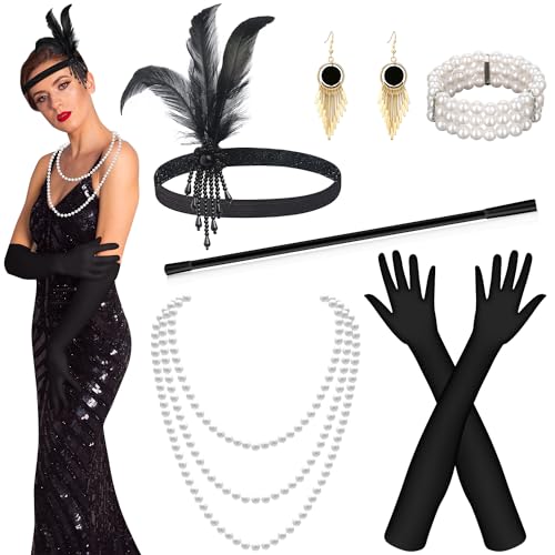 Alintor 20er Jahre Accessoires, Charleston Kleid 20er Jahre Zubehör Set, Gatsby Accessoires Damen, 6 Teiliges Charleston Accessoires Damen, Perfekte für 20er Jahre Kostüm Damen, Karneval, Halloween