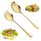 WUISOLQP 2 Stück Salatbesteck Edelstahl Vorlegebesteck, 22 * 5.2cm Servierlöffel Edelstahl Salatgabel Salatlöffel Salatbesteck Set für Dessert Multifunktion Löffel Gabel für Zuhause Restaurant (Gold)