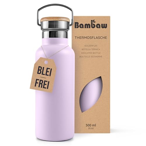Bambaw Trinkflasche Thermo 500ml, Trinkflasche Lila, Edelstahl Trinkflasche, Thermosflasche Edelstahl, Isolierte Trinkflasche Fahrrad – Fliederlila