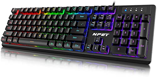 NPET K10 Gaming-Tastatur, USB verdrahtet, schwimmende Tastatur, leise, ergonomische, wasserfeste, mechanische Haptik, ultradünne Regenbogen-LED-Hintergrundbeleuchtung für Desktop, Computer, PC