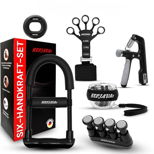 HEPJAVAs SIX-HANDKRAFT-SET 6in1 Handtrainer/Fingertrainer bestehend aus Griffkraft, Fingerdruck & Unterarmtrainer, Gyroskopischer Ball, Grip Ring, Fingerstrecker. Trainingsset für Krafttraining & Reha