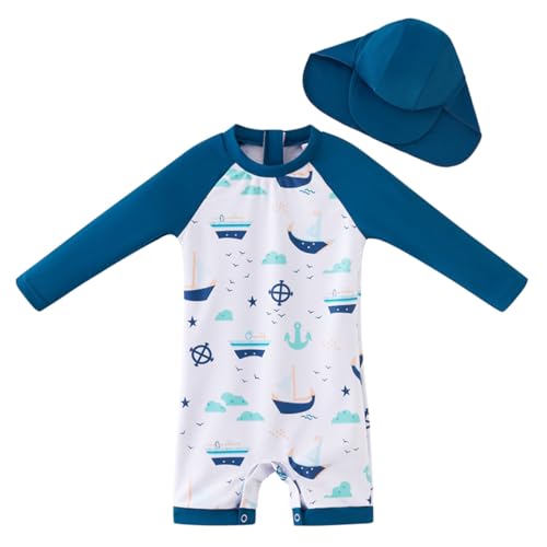 UMELOK Baby Jungen Badeanzug UV Schutz 50+ Einteilige Schwimmanzug Mit Sonnenhut (Blau Segelschiff, 3-6 Monate/62-68 cm)