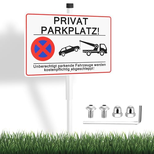 JIZZU Privatparkplatz Schild, 30x20 cm Alu Privatparkplatz Schild mit Pfosten, Parken Verboten Kostenpflichtig Abschleppen Hinweisschild