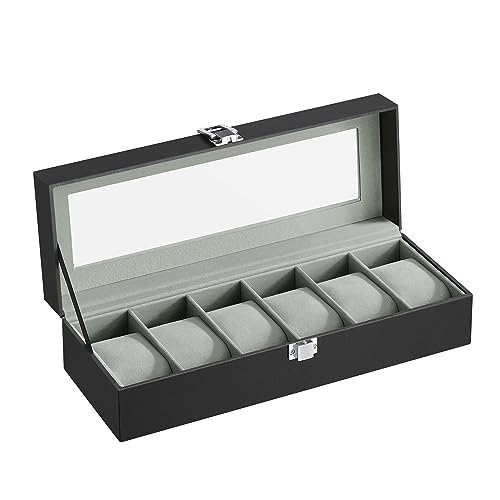 SONGMICS Uhrenbox mit 6 Fächern, Uhrenkasten, Glasdeckel, Uhrenkoffer, herausnehmbare Uhrenkissen, Metallverschluss, Geschenkidee, PU-Bezug in Schwarz, Samtfutter in Grau JWB06BK