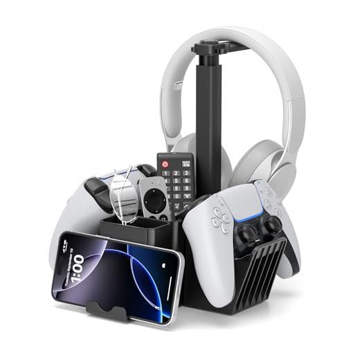 KDD Dual Controller Halter mit Headset Ständer - Universal Schreibtisch Organizer mit Handy Halterung - Multifunktionaler Gaming Organizer für Stift Xbox ONE PS5 PS4 PC Zubehör Büro Zuhause Schwarz