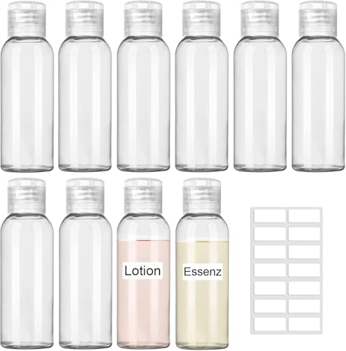 REJOECE Reiseflaschen zum Befüllen 100ml, 10 Stück Reiseflasche Set, Flaschen Reise mit Flip Cap, Plastikflasche Transparente Kosmetikflascher für Flugreisen Shampoo Conditioner Lotion