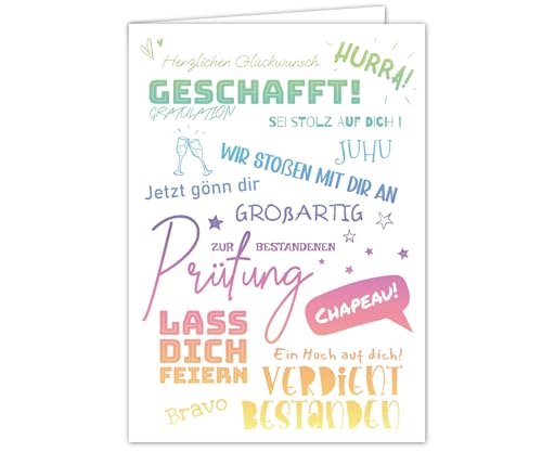 PICTALOO Glückwunschkarte zur bestandenen Prüfung – hochwertige Grußkarte zum Schulabschluss, Geschenk zum Abi, Abitur, Ausbildung, Bachelor, Führerschein, Examen, witzige Karte zur Gratulation (Bunt)
