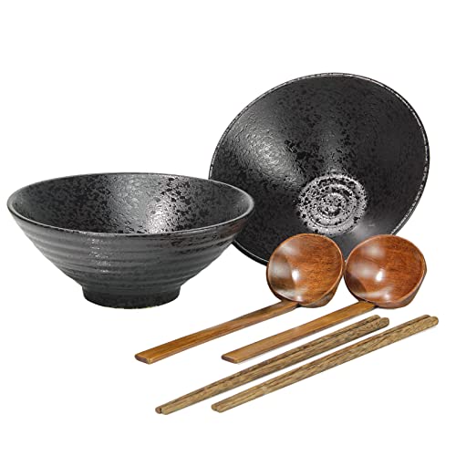 2 Stück (6-teilige) Porzellan Ramen Schüssel Set, 1600 ml Japanische Suppe Schüssel mit Löffel und Essstäbchen, Mikrowellen und Spülmaschinen Sicher, für Udon Asian Nudeln, Schwarz (24cm)
