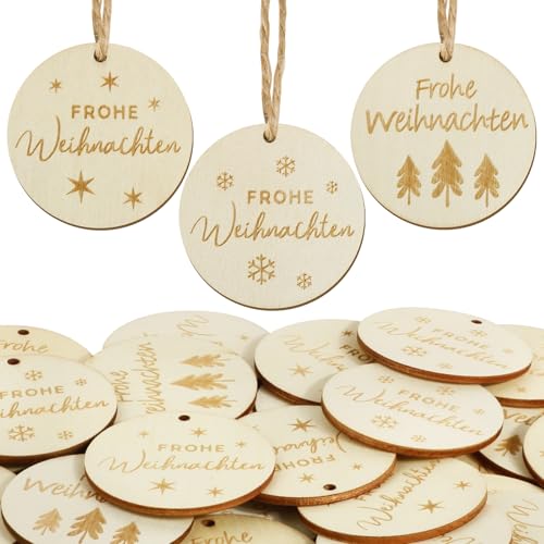 BOFUNX 30 Stücke Holz Geschenkanhänger Frohe Weihnachten Holzanhänger Weihnachtsanhänger Rund Holzscheiben Holzdeko Streudeko für Weihnachten