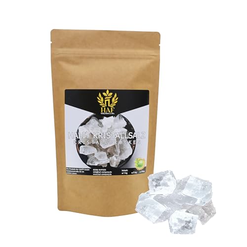 HAF® Weiße Halit Salzbrocken 1 kg | Grobe Steinsalz Brocken ohne Zusätze und naturbelassen aus der Salt Range in Pakistan | Salzsteine | Solebrocken | Größe: 2-5 cm | Menge: 1 x 1 kg im Beutel