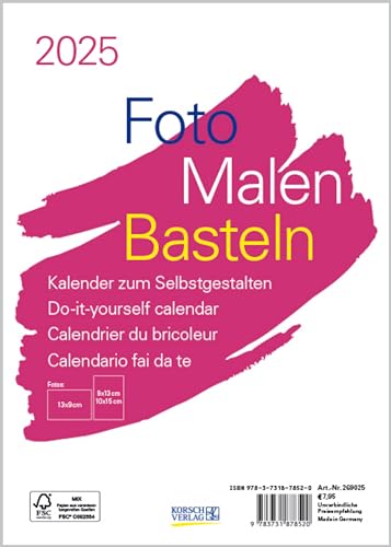 Foto-Malen-Basteln Bastelkalender A5 weiß 2025: Fotokalender zum Selbstgestalten. Aufstellbarer do-it-yourself Kalender mit festem Fotokarton.