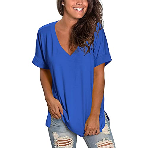 Klassische Damen-T-Shirts Mit V-Ausschnitt, Sommeroberteile, Blumen-Kurzarm-T-Shirts, LäSsige, Locker Sitzende Blusen-Oberteile (S,Blau)