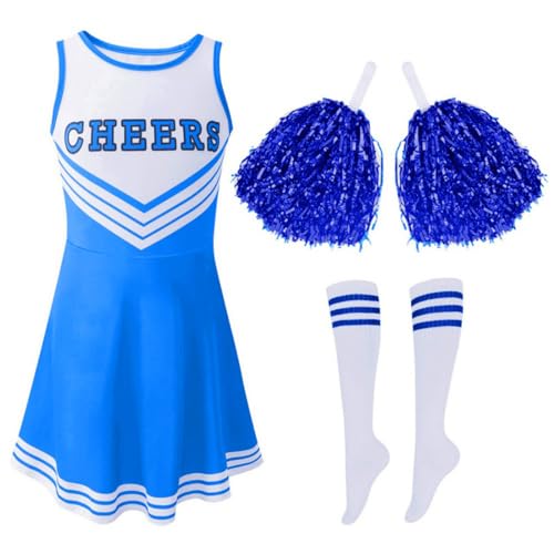 WISREMT Kinder Mädchen Halloween Cheerleader Kleid Cheerleading Outfit Cheer Uniform Kleidung Sets + Pom Poms + Tube Socken 3-12Y