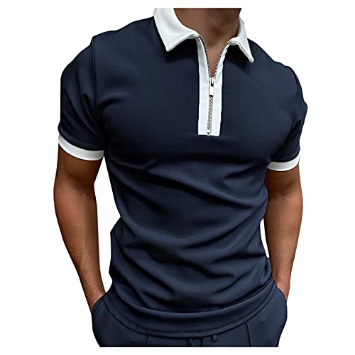 Hemd Ärmel Umlegebluse Herren Reißverschluss Kragen Splice Solid Polos Casual Herren Bluse Herren Kleid Hemden Langarm Regular Fit, dunkelblau, 3XL