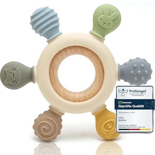 CAJA Beißring Baby - Beißspielzeug Zahnungshilfe aus Silikon & Holz, Baby, BPA-frei, Tiermotive, Zahnen & Greifring für Babys - Sicheres Baby Spielzeug (complexion A)