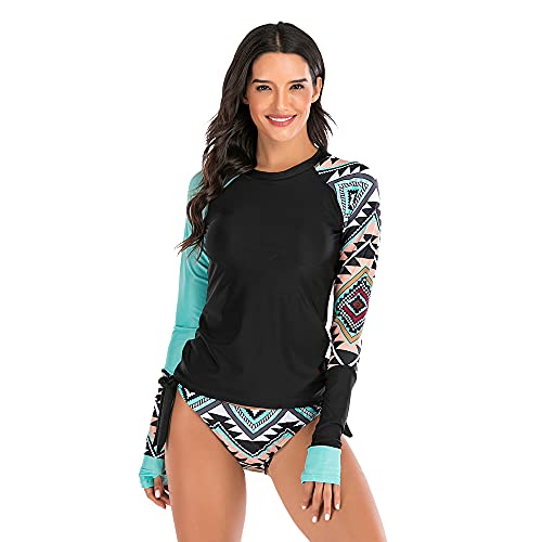 Women's Long Sleeve Printed Swimwear Two Pieces Swimsuit Rash Guard Surfwear,Sky Blue,S