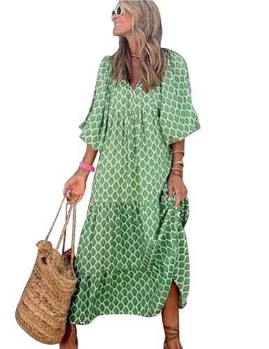 MessBebe Sommerkleider Damen Elegant Boho Langarm Blumenkleid V-Ausschnitt Maxikleid Lässig Sommer Freizeitkleid
