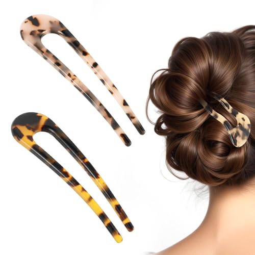 JJUNW U Förmige Haargabel, Haargabeln Groß, Acetat Haarnadeln Französische Haarnadel 2 Zinken Hochsteckfrisur Chignon Pins Haarstyling-Hilfsmittel Damen Frisur Zubehör Mädchen Hairpin(2pcs)