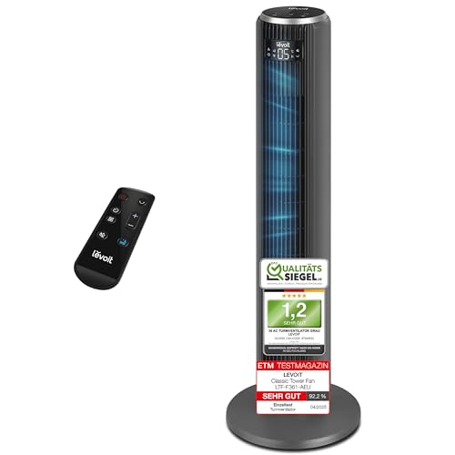 Levoit - Ventilator Leise - Turmventilator mit Kühlung - Tower Fan mit Fernbedienung - Oszillierender Säulenventilator mit Fortschrittlichem Schlafmodu - 5 Geschwindigkeiten 4 Modi 12Std Timer - Grau