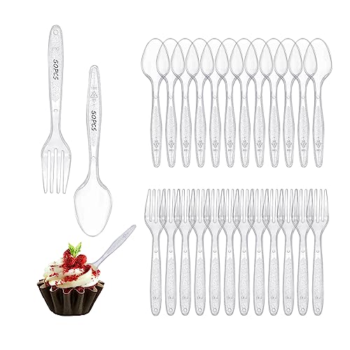 50 Stück Kunststoff-Besteckgabeln, 50 Stück transparente Bestecklöffel, Dessert-Kuchengabeln und Löffel-Set, wiederverwendbare Gabeln und Löffel, geeignet für Geburtstagsfeier, Hochzeit, Abendessen