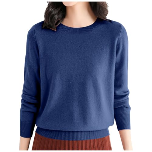 2025 Damen Woll-Baselayer-Shirt, Rundhalsausschnitt, Langarm, Reise-/Wander-T-Shirt, Pullover Pullover Damen Winter Blau (Dark Blue, XXL)