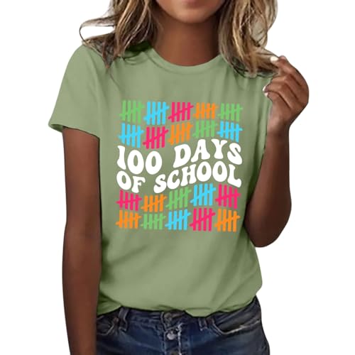 Kurzarm Casual T-Shirt Frauen 100 Tage der Schule Shirt Frauen Lehrer Shirts 100. Tag der Schule T Shirt Kausal inspirierende Tops T-Shirt Damen Bedruckt (Green, XXL)