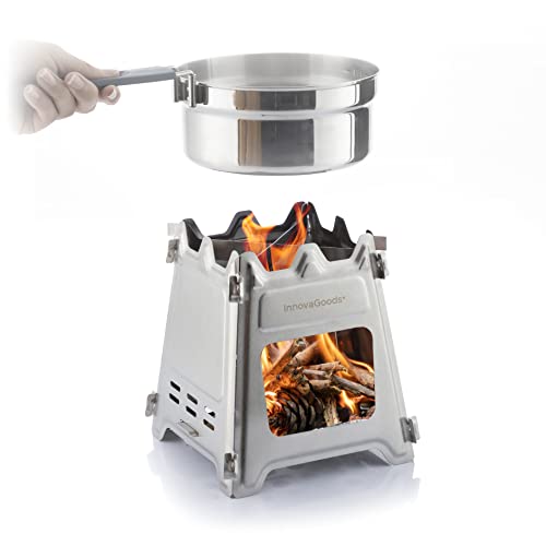 InnovaGoods - Abnehmbarer Stahlbrenner Flamet, Ideal für Outdoor-Kochen, Robust & Langlebig, Kompatibel mit Holz, Inklusive Tragetasche, Silber, Standard, Legierter Stahl