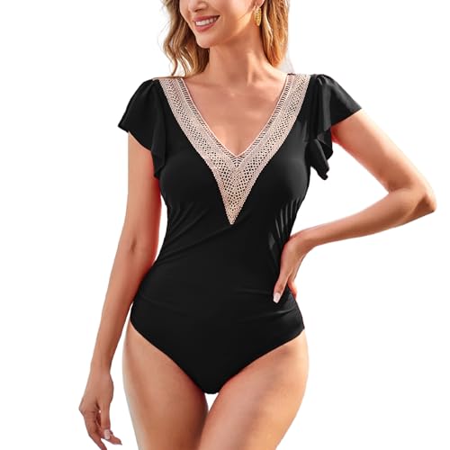 SYKT Badeanzug Damen Bauchweg Raffungen Push Up Monokinis Spitze V Ausschnitt Rückenfrei Einteilige Bademode Swimsuit