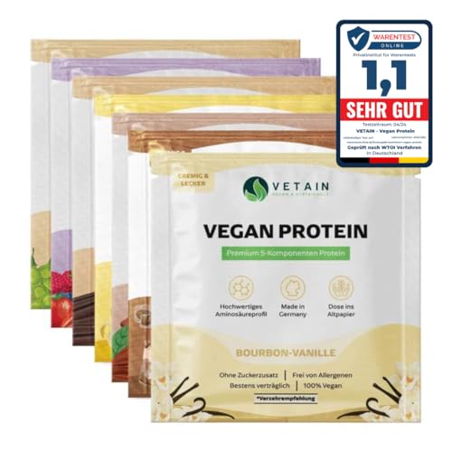 Vetain Vegan Protein Probierset - 7 Sorten á 30g - Bio Veganes Proteinpulver - Bestens verträglich, natürlich lecker - Eiweiß ohne Süßungsmittel, Allergene