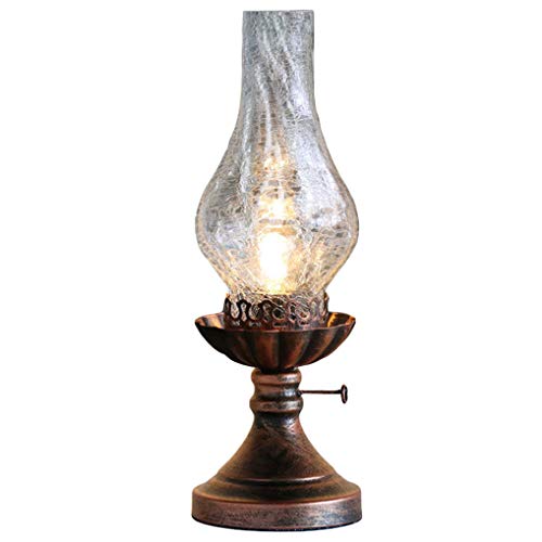 LANMOU Tischlampe Glas Vintage Petroleumlampe,Retro Schlafzimmer Nachttischlampe E27 Nostalgie Kerosin Lampe Antike Traditionelle Dekorative Öllampe mit Riss Glas Lampenschirm,Clear, H 40cm