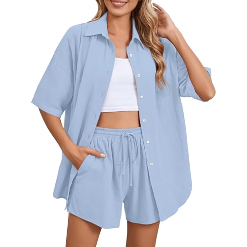 Overall Damen Sommer 2 Stück kurze Shorts Set 2 Stück kurze Trainingsanzüge Damen Complete Curvy Mode Pullover Top Elastische Taille Breite Hose Atmungsaktiver Gymnastikanzug Bequem, blau, XL