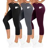 TNNZEET 3er Pack Leggings Damen 3/4 mit Taschen Capri für Sport, High Waist 7/8 Caprihose Sporthose für Gym (Schwarz/Dunkelgrau/Violett,S-M)