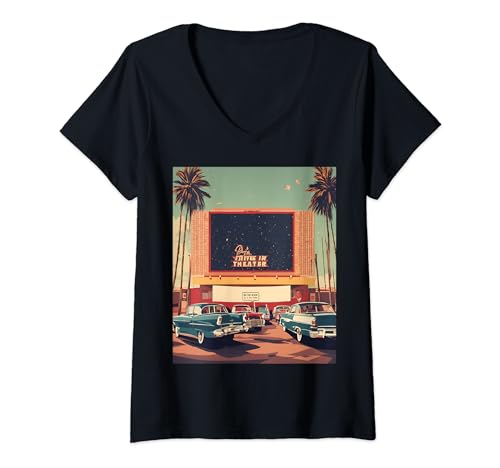 Damen Retro-Grafik für Autokino, Vintage-Filme T-Shirt mit V-Ausschnitt