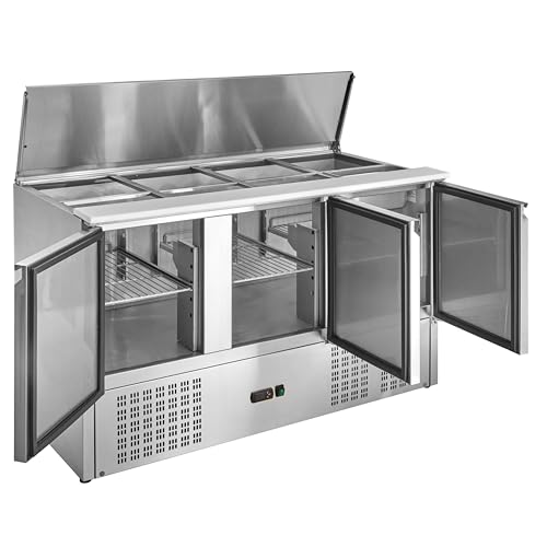 GastroHero Saladette Eco 1370 mit Kühlung, 368 Liter, 3 Edelstahl Türen, 3 Einlegeböden, GN-Behältereinlass, Geringer Energieverbrauch, Digitale Temperaturanzeige, Gastronomiebedarf