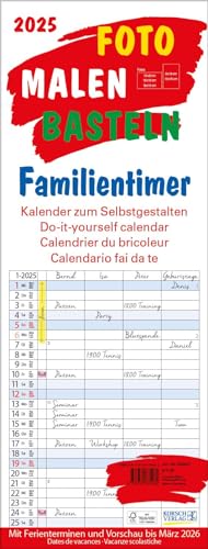 Foto-Malen-Basteln Familientimer 2025: Familienplaner mit 4 Spalten als Fotokalender zum Selbstgestalten. Familienkalender mit Ferienterminen und festem Bastelpapier.