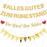 Ruhestand Deko Vormontiert Rente Dekoration – 53 Stück Gold Glitzer Partyzubehör Alles Gute zum Ruhestand Banners Du wirst Uns fehlen Girlande für Mann Frauen Abschiedsfeier Pension Abschied Party