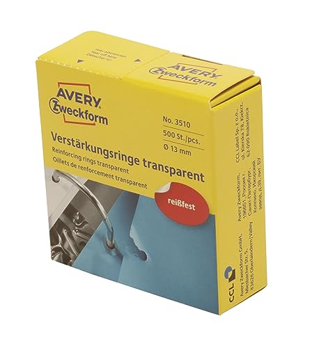 AVERY Zweckform 3510 Lochverstärker selbstklebend 500 Stück (Ø13mm, Lochverstärkungsringe auf Rolle, permanent haftende Ringverstärker, Ringlochverstärker fürs Abheften, reißfeste Folie) transparent