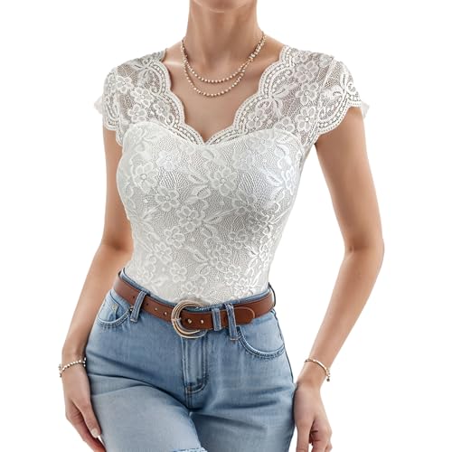 Damen Spitzen Oberteile, Damen Body Durchsichtig Spitzen Oberteile, Sommer Spitzen T-Shirt V-Ausschnitt Oberteil Slim Fit Tops Kurzarmshirt, Elegant Sleeve V-Ausschnitt Blume Spitzentop (Weiß, M)