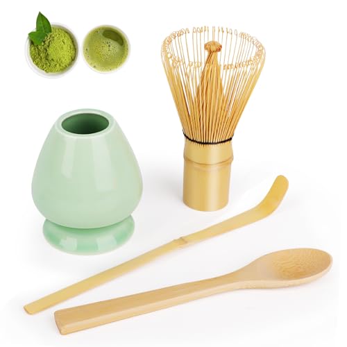 LWMTT Matcha Set Matcha-Schneebesen 80 Zinken, Matcha Schale aus Porzellan, Bambuslöffe und Match Schaufel, Matcha Besen set Matcha Zubehör 4-Teiliges Geschenk-Set Geschenk für Weihnachten Geburtstag