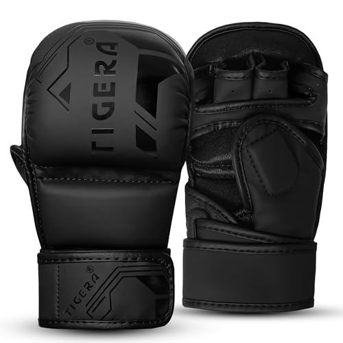 TIGERA MMA Gloves | Open Palm Sparring & Grappling Mitts | Martial Arts for Men & Women | Wrist Support | Combat Sports: MMA, Boxing, Muay Thai, Kickboxing (Black, 2XL)